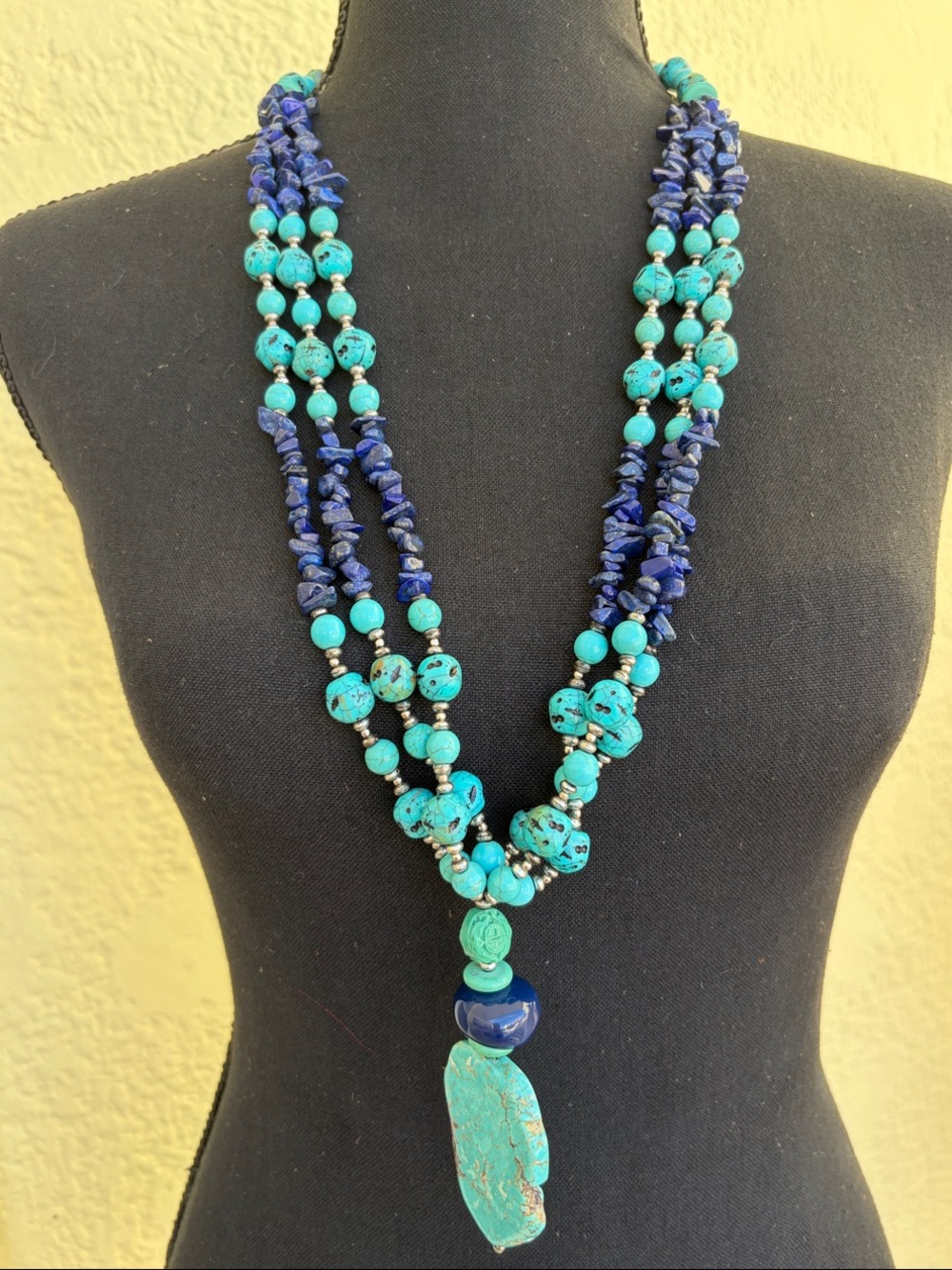 Chico's Turquoise & Navy Multi-Strand Stone Pendant Necklace